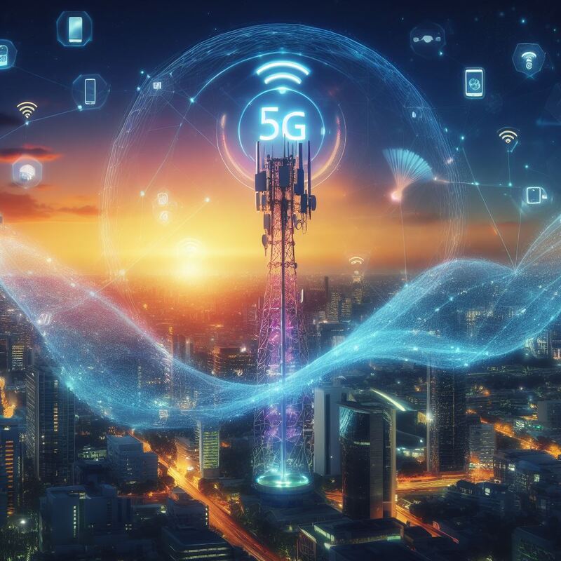 5G tower emitting strong, vibrant waves interacting with various devices, symbolizing enhanced internet connectivity, against a futuristic cityscape at sunset