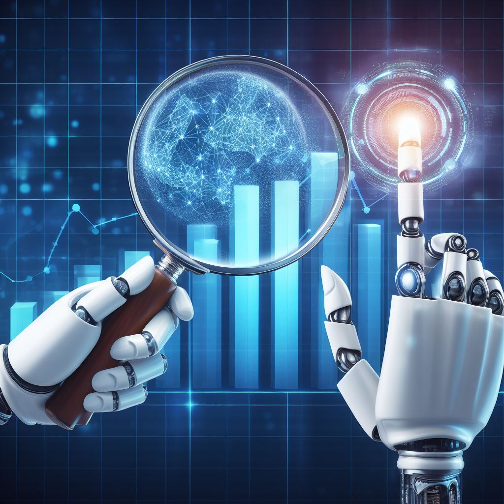 An image depicting a magnifying glass over a bar graph, with AI robotic hand holding it, illuminating a path of growth and success on the graph.