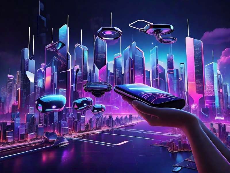 Futuristic mobile phone in hand and futuristic city in the background