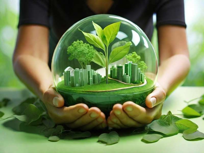 Transparent ball in hands, that represents green technology for environmental sustainability