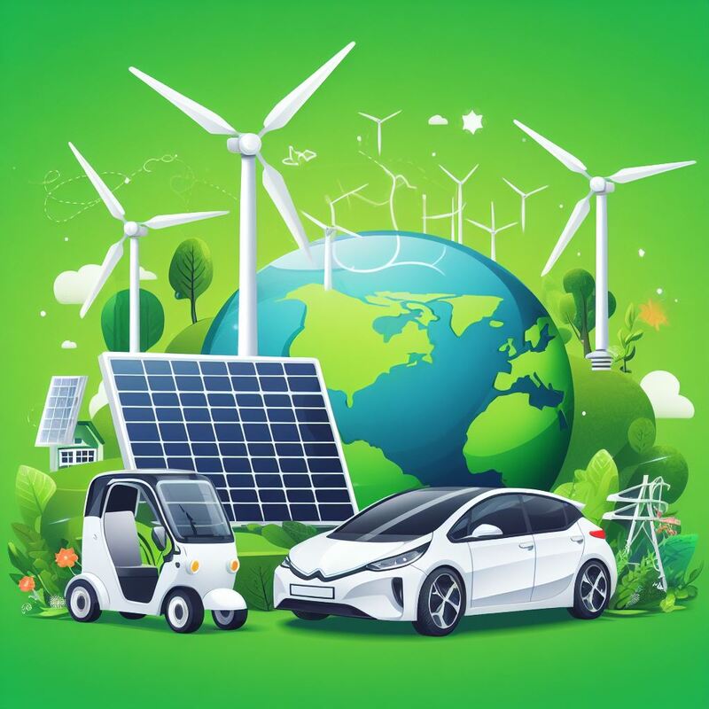 image featuring a solar panel, wind turbines, and electric cars against a backdrop of a healthy, green Earth, demonstrating the use of technology to combat climate change.