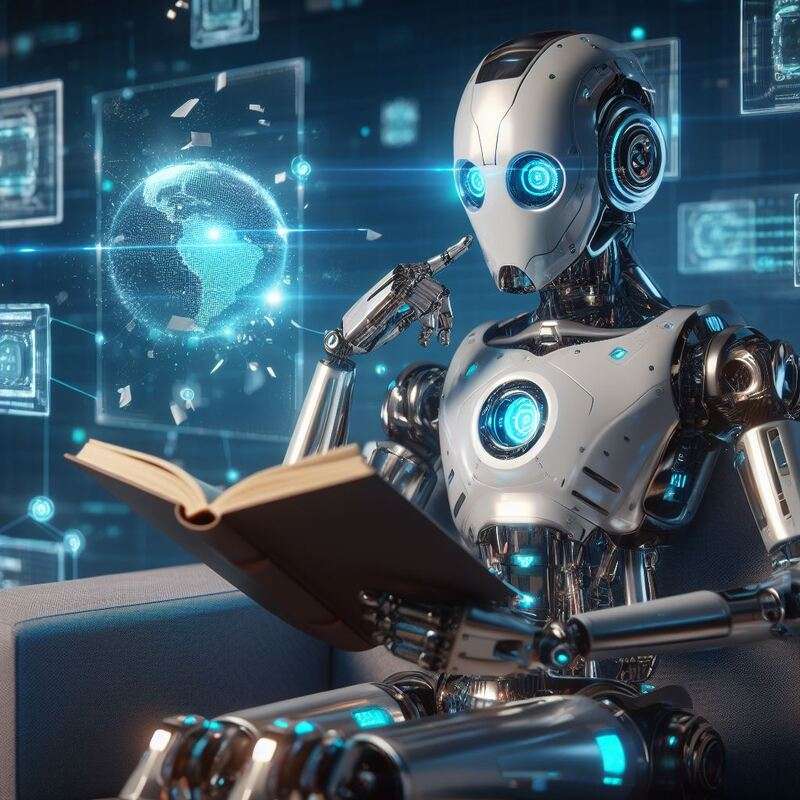 futuristic robot sitting and reading a book