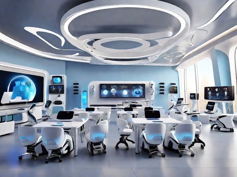 a futuristic classroom with a robotic teacher surrounded by high-tech gadgets like VR headsets, digital screens, and artificial intelligence devices, all in a sleek, modern design.