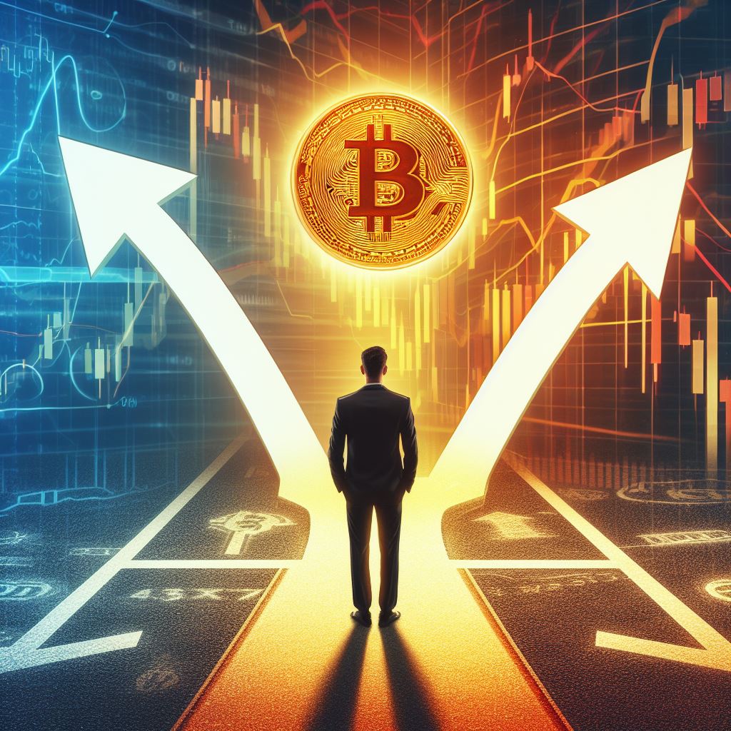 investor standing at the crossroad with bitcoin shining the way