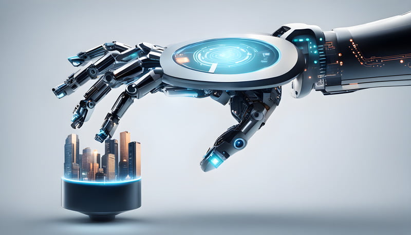 a robotic hand holding a marketing strategy plan, with various digital marketing icons and a futuristic AI chip integrated.