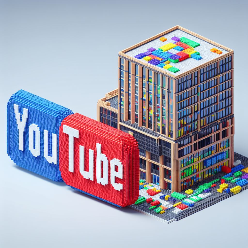 YouTube Logo next to a building, both made of Lego.