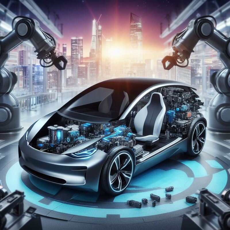 A sleek, modern electric car split in half, revealing high-tech components, against a backdrop of assembly robots and a futuristic cityscape.