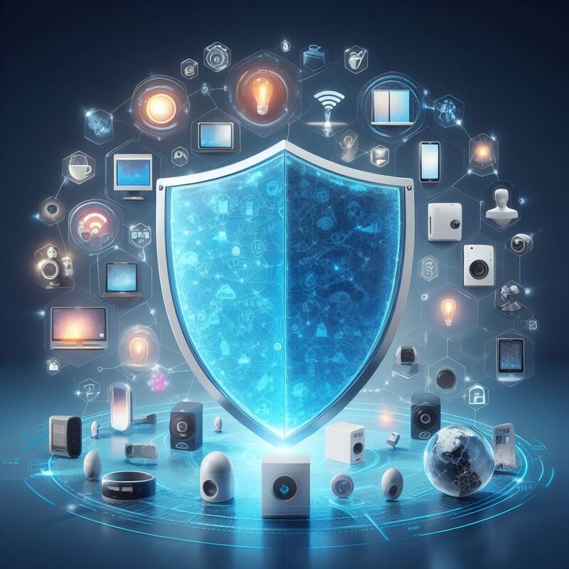 An array of various IoT devices like smart home hubs, wearables, and smart appliances, all under a large, translucent shield, symbolizing protection and security