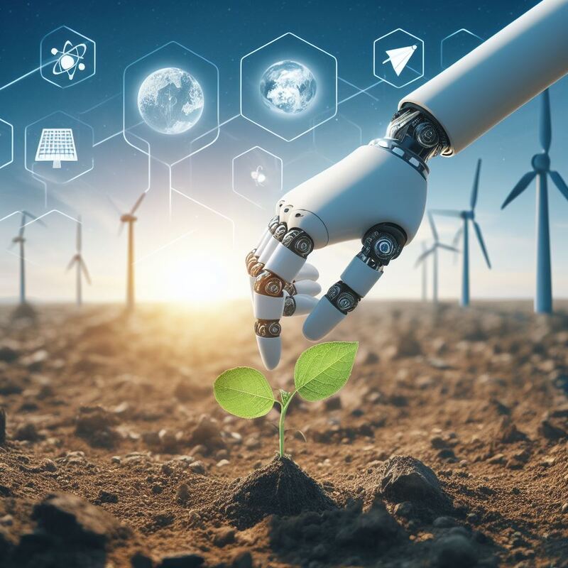 a robotic hand planting a sapling in degraded soil, with renewable energy symbols (wind turbines, solar panels) in the background under a clear blue sky