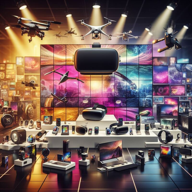 a vibrant collage of the latest consumer electronics like VR headsets, drones, smartwatches, and OLED TVs