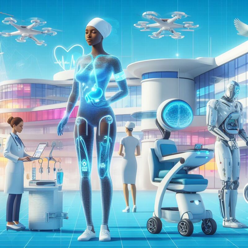 futuristic hospital with robots performing surgeries, drones delivering medicines, and people wearing high-tech health monitoring devices