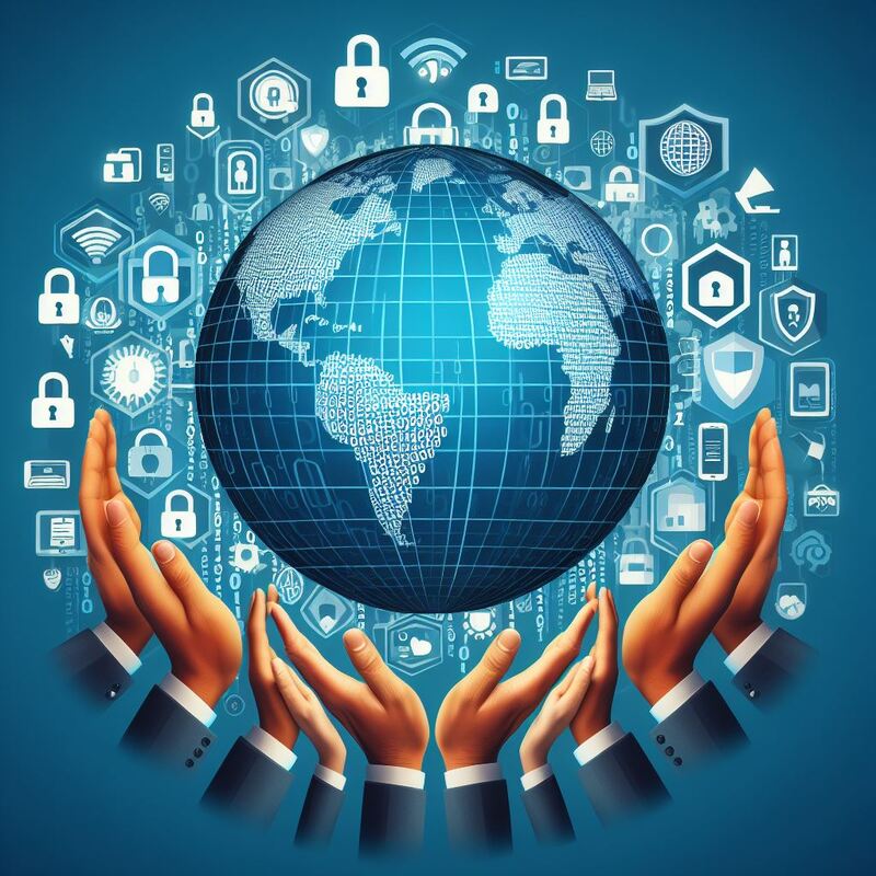 image featuring diverse hands holding up a globe, embedded with digital padlocks, binary code, and shield symbols, representing cybersecurity policies worldwide